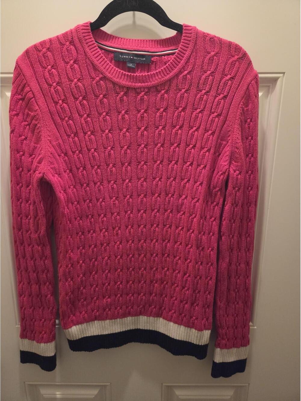 Tommy Hilfiger Pink Cable Knit Sweater with Colorblock Trim, Size M